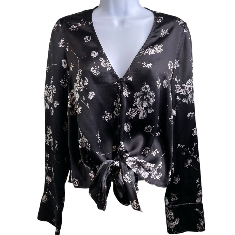 CAMI NYC Women's Black 100% Silk Floral Tie Front Top Sz XS Whimsigoth Dark Boho